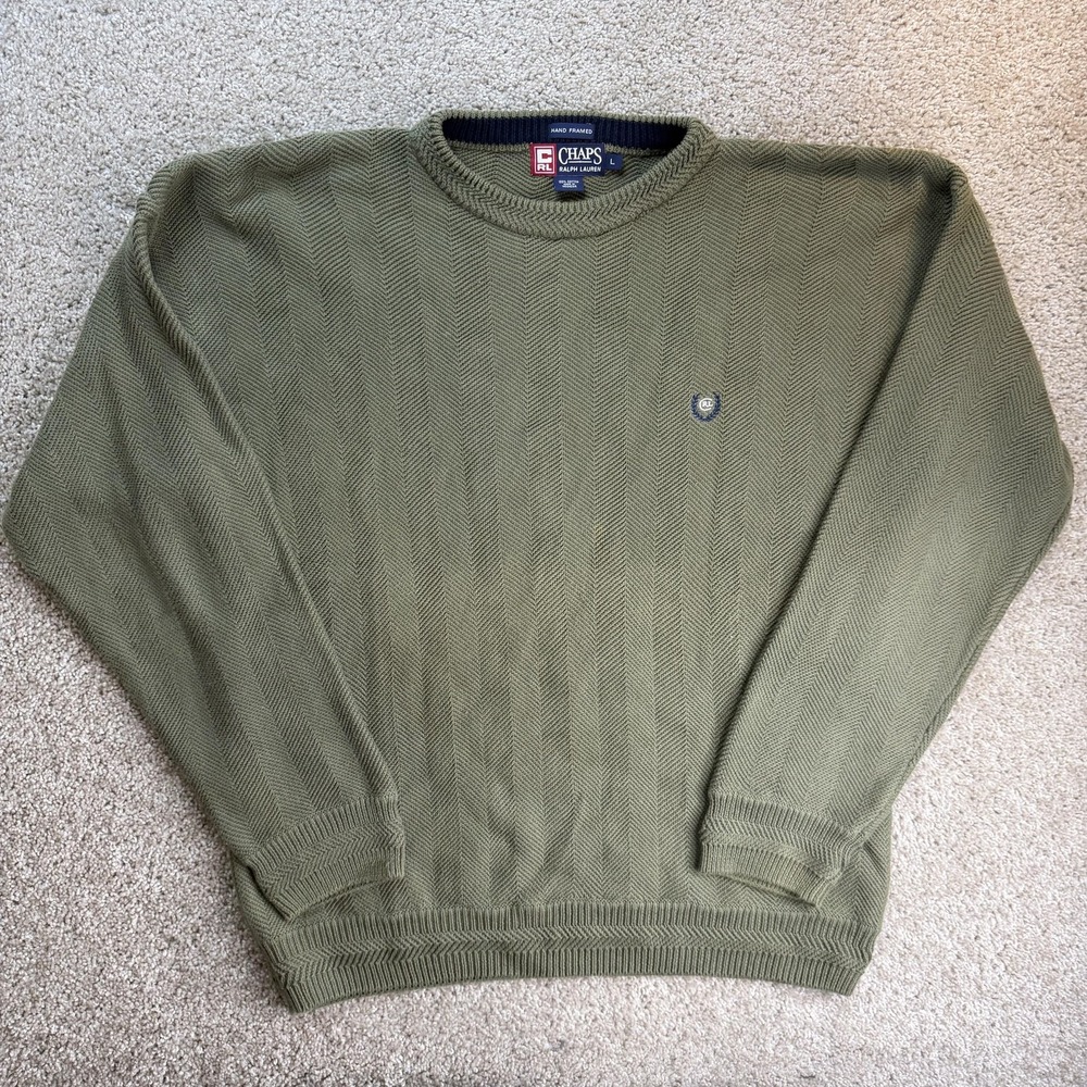 Chaps Ralph Lauren Sweater Mens Large Green Tight Knit Crewneck Pullover Logo